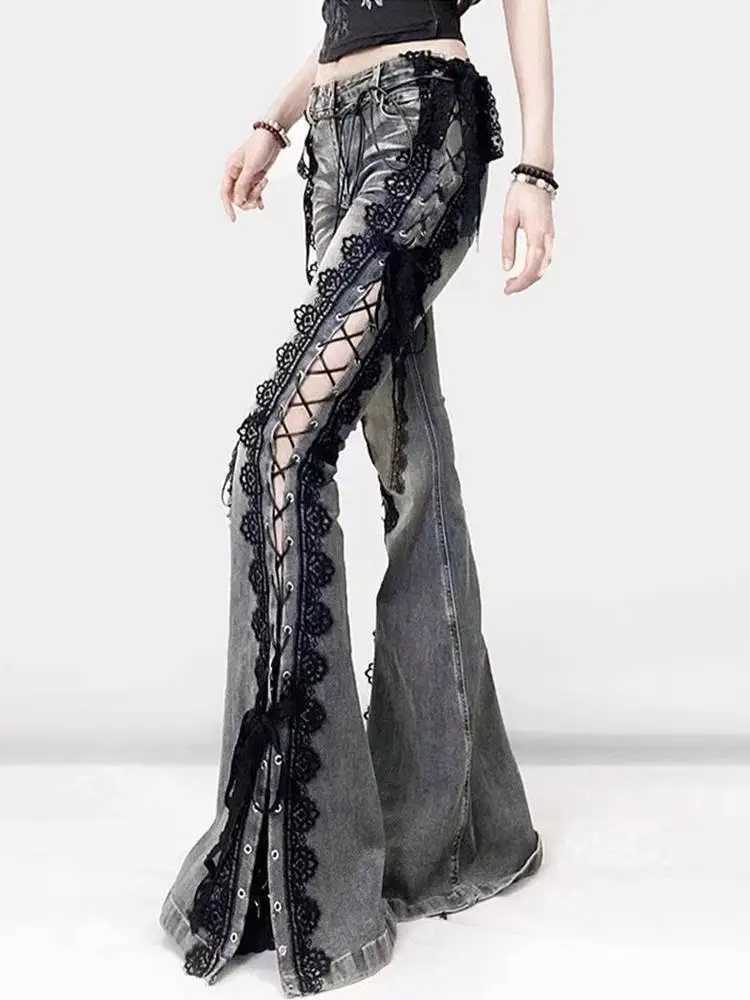 Rise Laced Split Bootcut Low Pants Women Jeans Do Old Sexy Skinny Hollow Out Bell Bottoms Retro Y2k Streetwear Aesthetic J260727