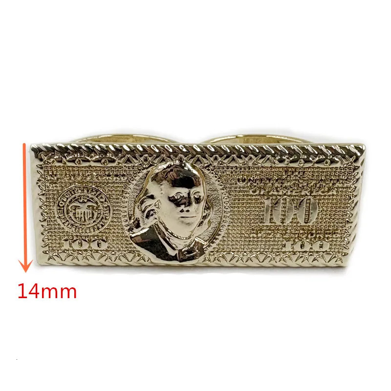 100 Dollar Bill n 2 Finger Ring Heavy Rough Hip Hop Style 14K Gold Plated Big Size Mens Party Gift US Dollar Theme 260728 - view 3