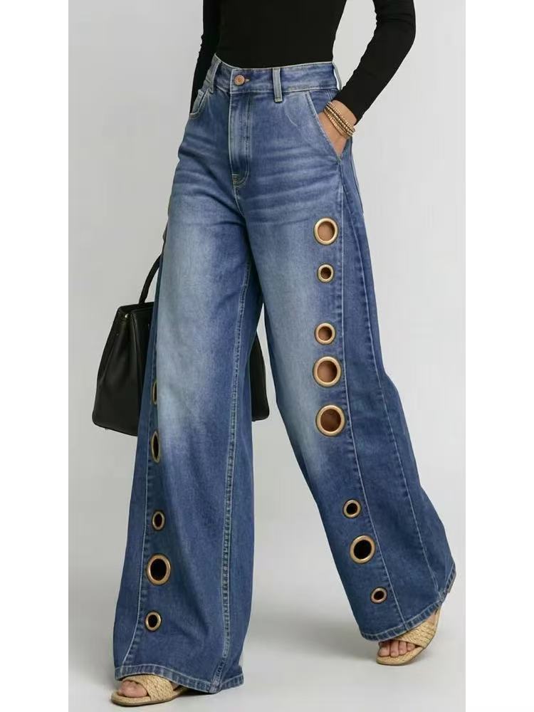 Women's Jeans High Waist Wide Leg Blue Denim Gold Eyelet Cutout Decor Loose Fit Streetwear Casual Y2K Trousers - view 5
