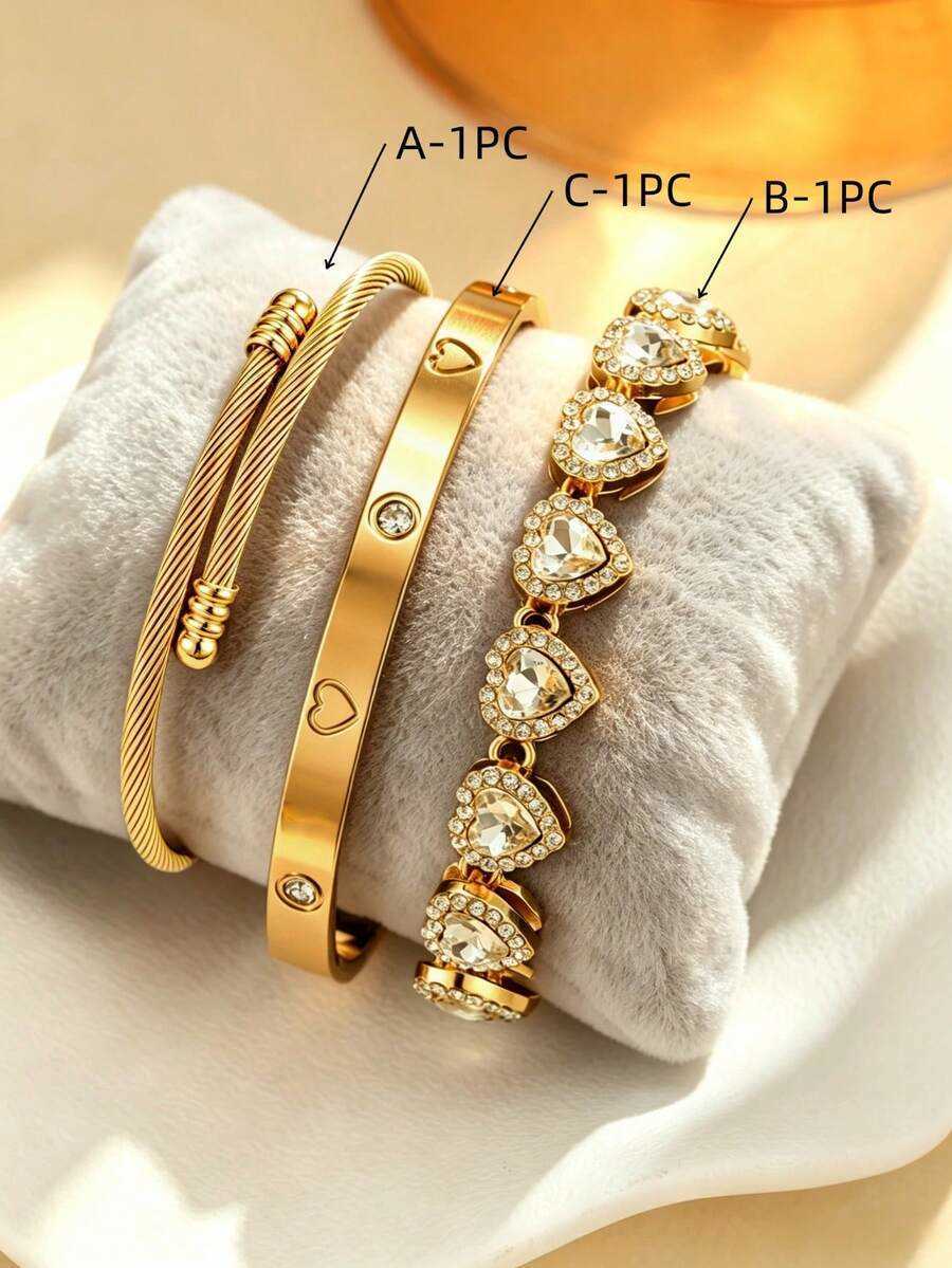 3pcs1pc 18K Gold Stainless Steel HeartShaped Bracelet Set Zirconia Heart Bracelet Fashion Jewelry Wristband Suitable For Womens Daily Wear And Gift Gi