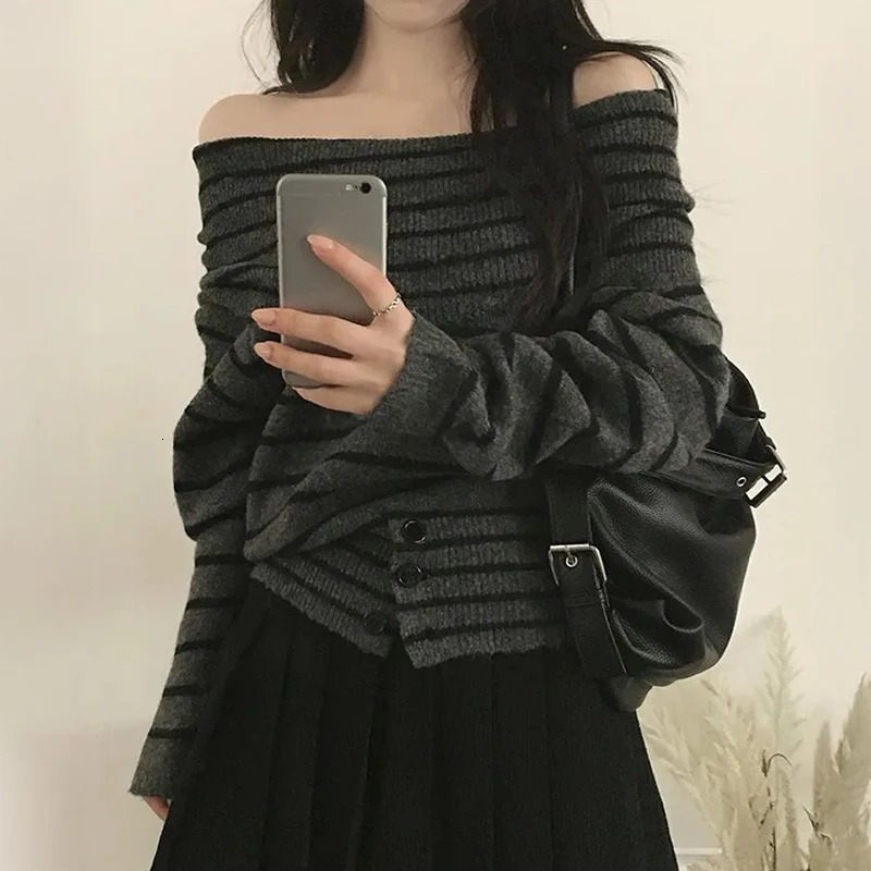 Off Shoulder Sweater Long Sleeve Button Knitted Top with Open Shoulder Off-the-Shoulder Pullovers Elegant Fashion Fall Winter 260725 - view 3