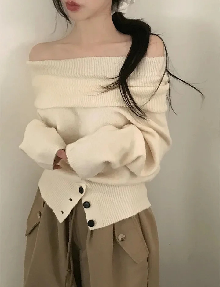 Off Shoulder Sweater Long Sleeve Button Knitted Top with Open Shoulder Off-the-Shoulder Pullovers Elegant Fashion Fall Winter 260725 - view 5