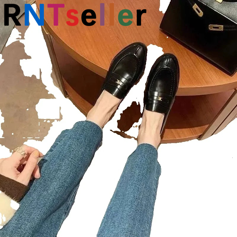 RNTseller Gold Buckle Slip On Lazy Black Loafers Designer Shoe Women British Style New Mode Small Leather Single Shoes - view 3