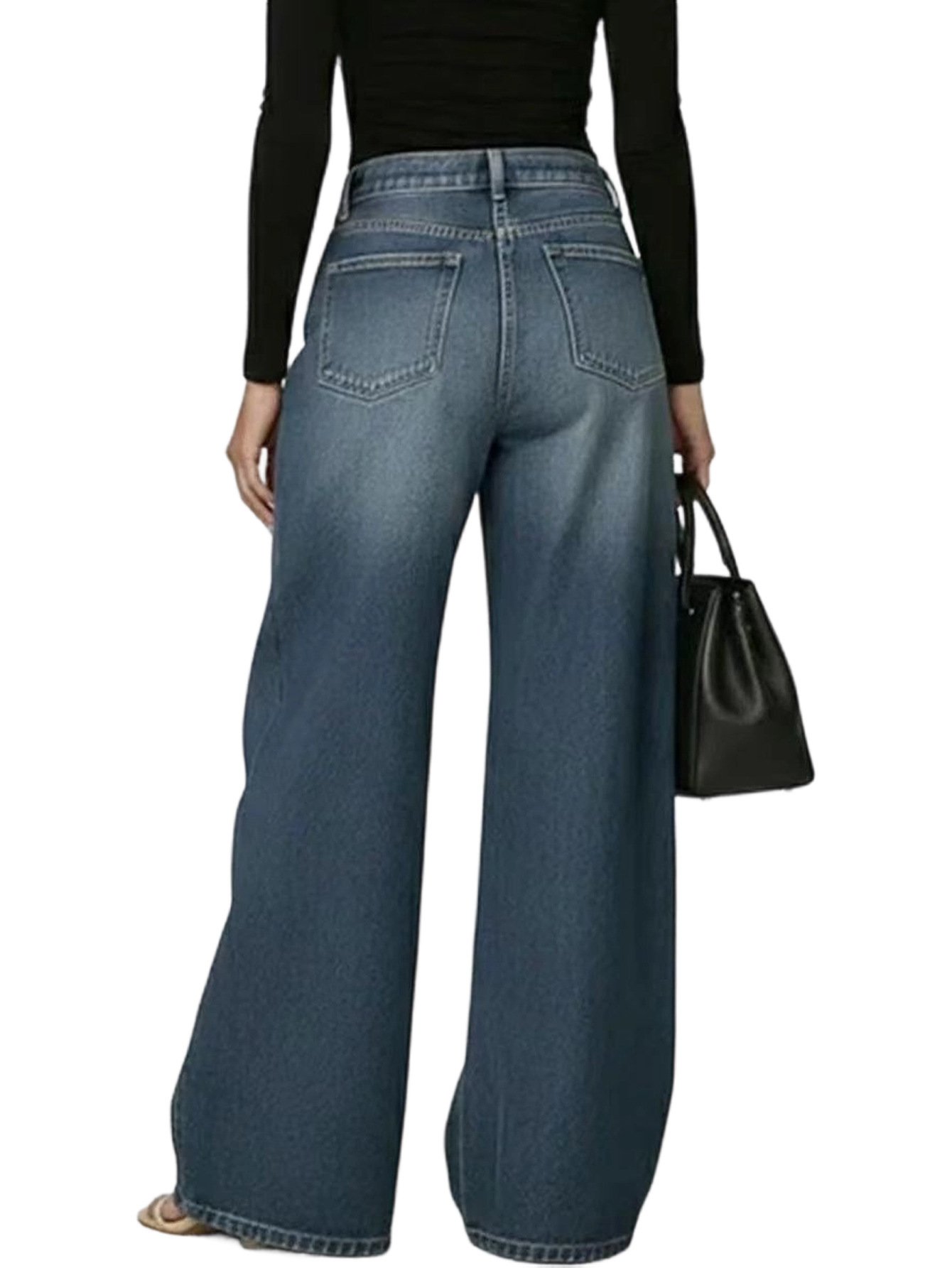 Women's Jeans High Waist Wide Leg Blue Denim Gold Eyelet Cutout Decor Loose Fit Streetwear Casual Y2K Trousers - view 7