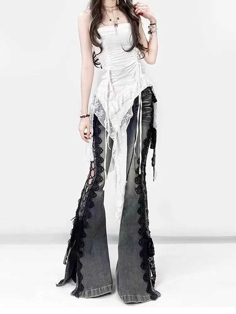 Rise Laced Split Bootcut Low Pants Women Jeans Do Old Sexy Skinny Hollow Out Bell Bottoms Retro Y2k Streetwear Aesthetic J260727 - view 5