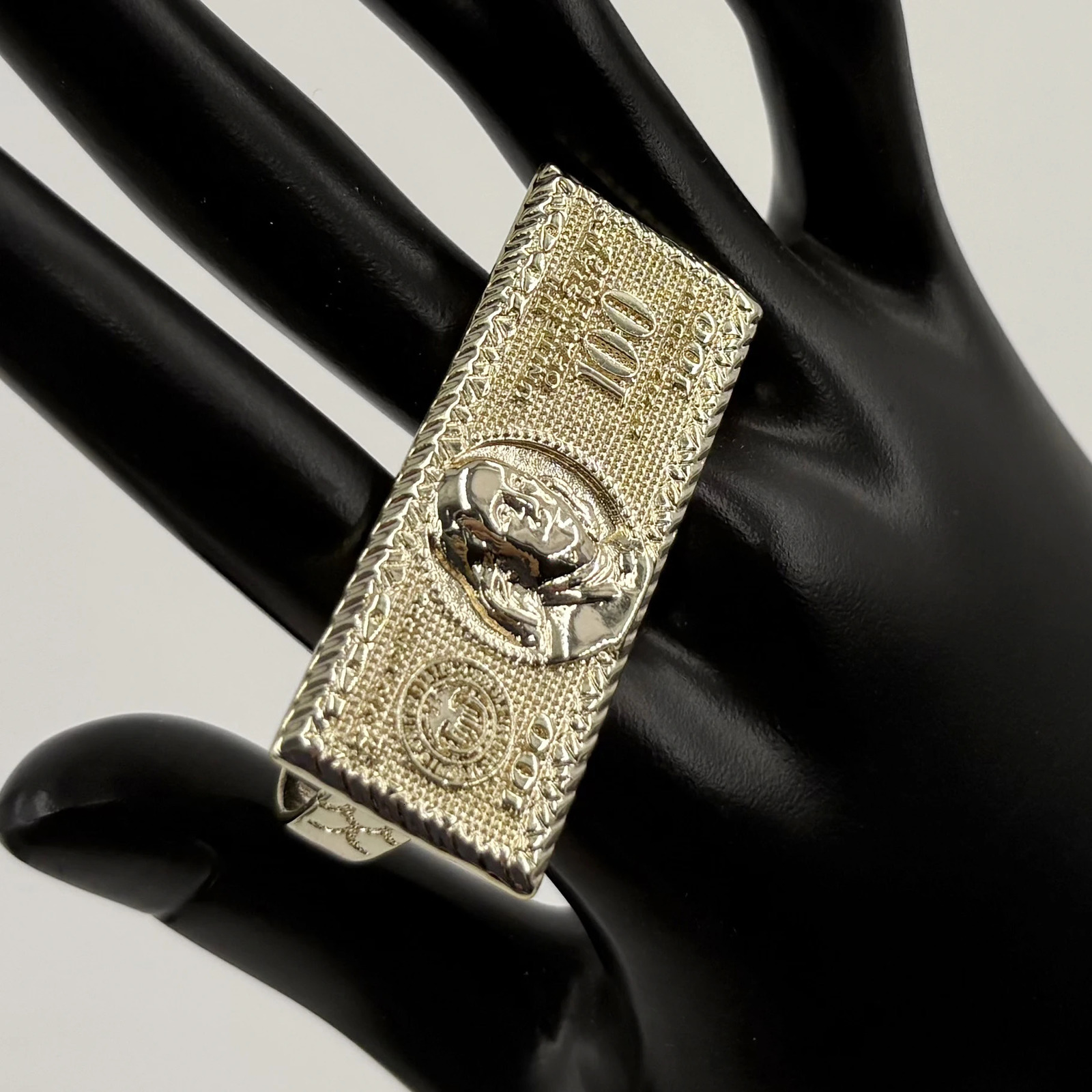 100 Dollar Bill n 2 Finger Ring Heavy Rough Hip Hop Style 14K Gold Plated Big Size Mens Party Gift US Dollar Theme 260728 - view 7