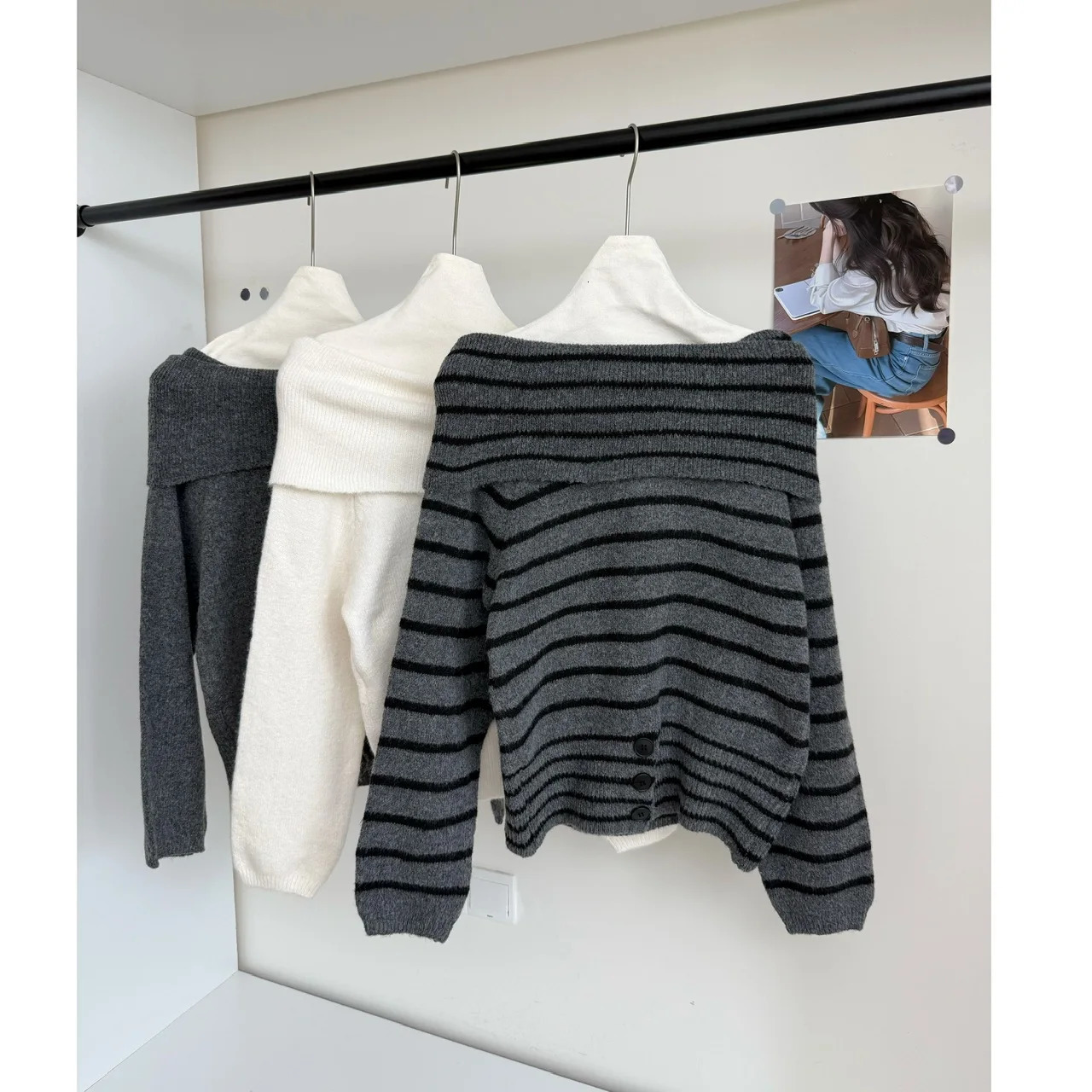 Off Shoulder Sweater Long Sleeve Button Knitted Top with Open Shoulder Off-the-Shoulder Pullovers Elegant Fashion Fall Winter 260725 - view 7