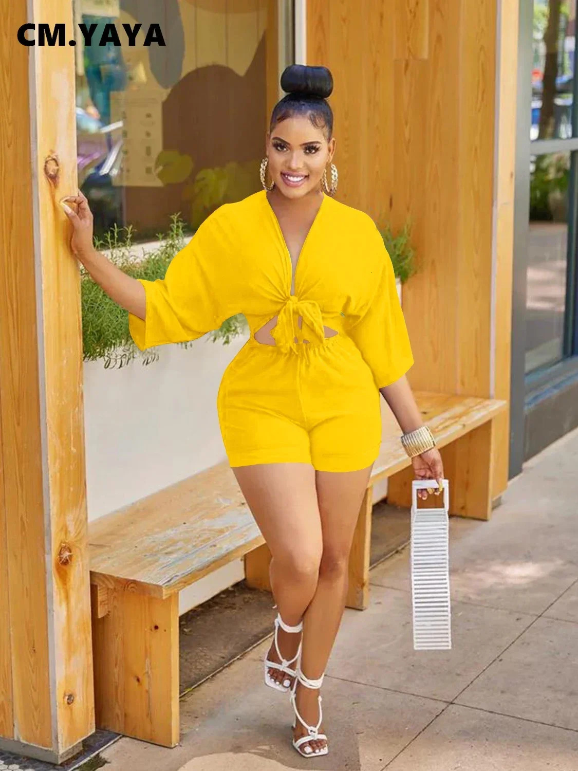 CMYAYA Women Bowknot Up V-neck Half Sleeve Cutout Waist Romper Playsuit Summer One Piece Set Overall Outfits 260727 - view 6