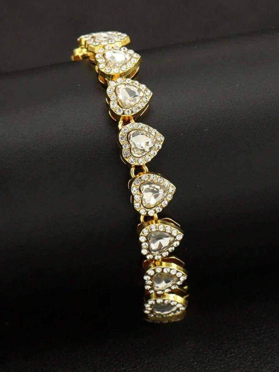3pcs1pc 18K Gold Stainless Steel HeartShaped Bracelet Set Zirconia Heart Bracelet Fashion Jewelry Wristband Suitable For Womens Daily Wear And Gift Gi - view 5