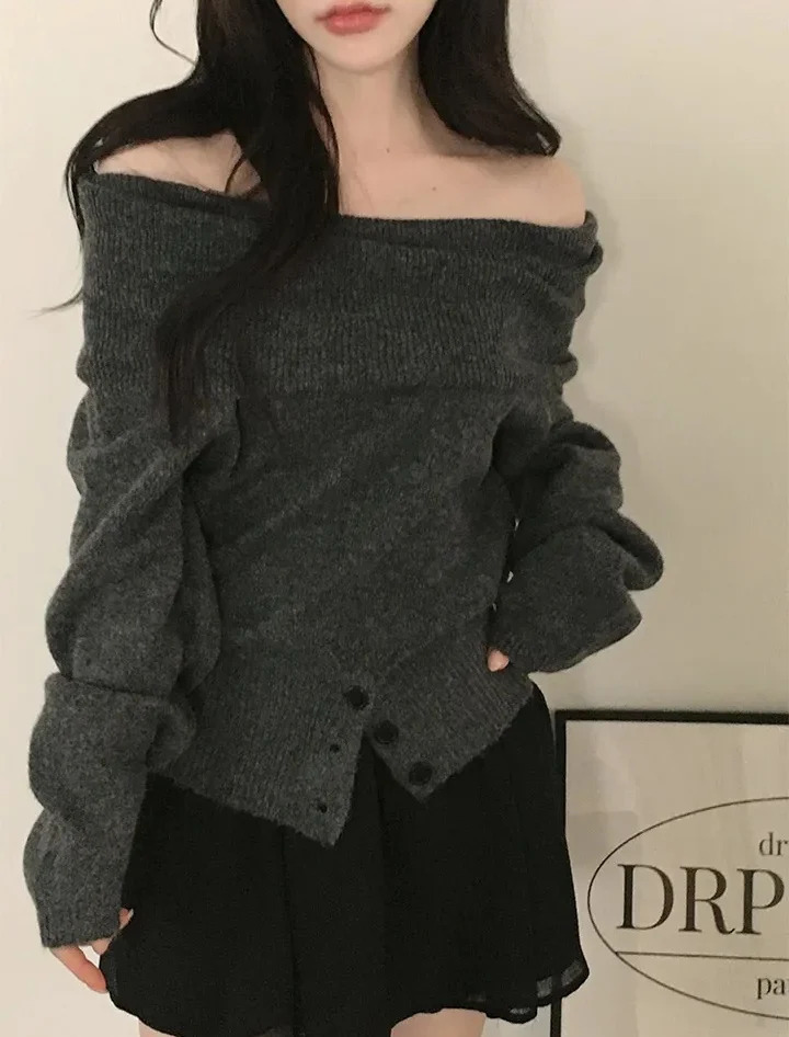 Off Shoulder Sweater Long Sleeve Button Knitted Top with Open Shoulder Off-the-Shoulder Pullovers Elegant Fashion Fall Winter 260725 - view 6
