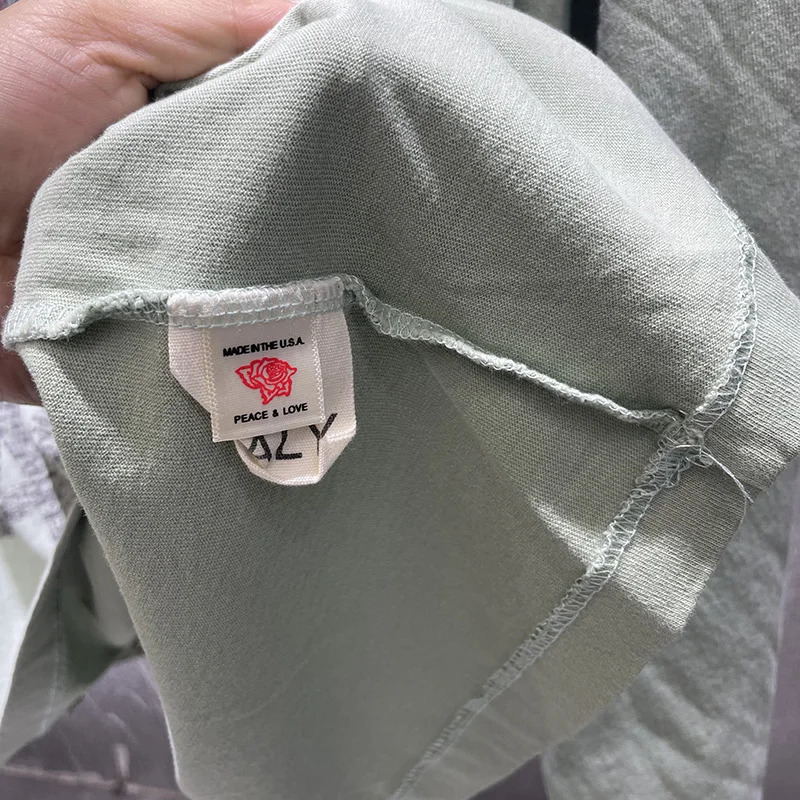 Vintage Sage Green Ringer Collar Paly Long Sleeve T Shirt Men Women Rhinestone Graphic Oversized Distressed T-Shirt Cotton 260728 - view 7
