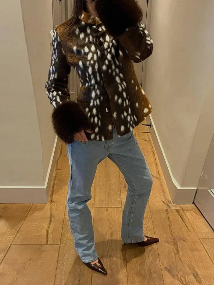 Vintage Women's Spotted Printed Jacket Stand Collar Full Sleeve Fur Cuff Button Slim Coat 2026 Autumn Winter Lady New Streetwear dongdumaoyi - view 5