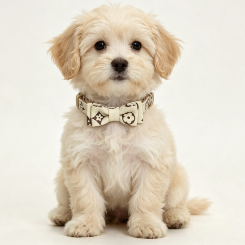 Dog Collars Leash Luxury Designer Style PU Leather Pet Necklace Buckle with Vintage Floral Bowtie Adjustable Collar for Kitten Puppy Nice Birthday Gif - view 3
