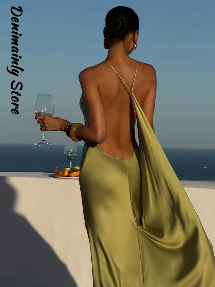 Sexy Womens Satin Solid Long Dress Swing Collar Sleeveless Backless Spaghetti Strap Slit Dresses Summer Evening Lady Robes 260728 - view 5