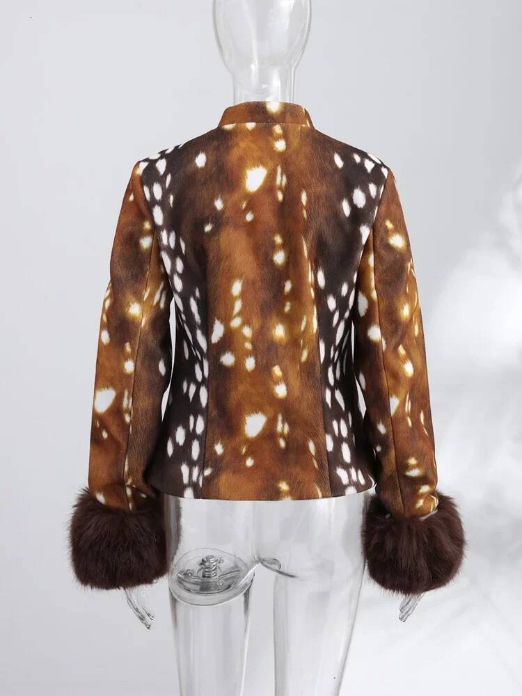 Vintage Women's Spotted Printed Jacket Stand Collar Full Sleeve Fur Cuff Button Slim Coat 2026 Autumn Winter Lady New Streetwear dongdumaoyi - view 7