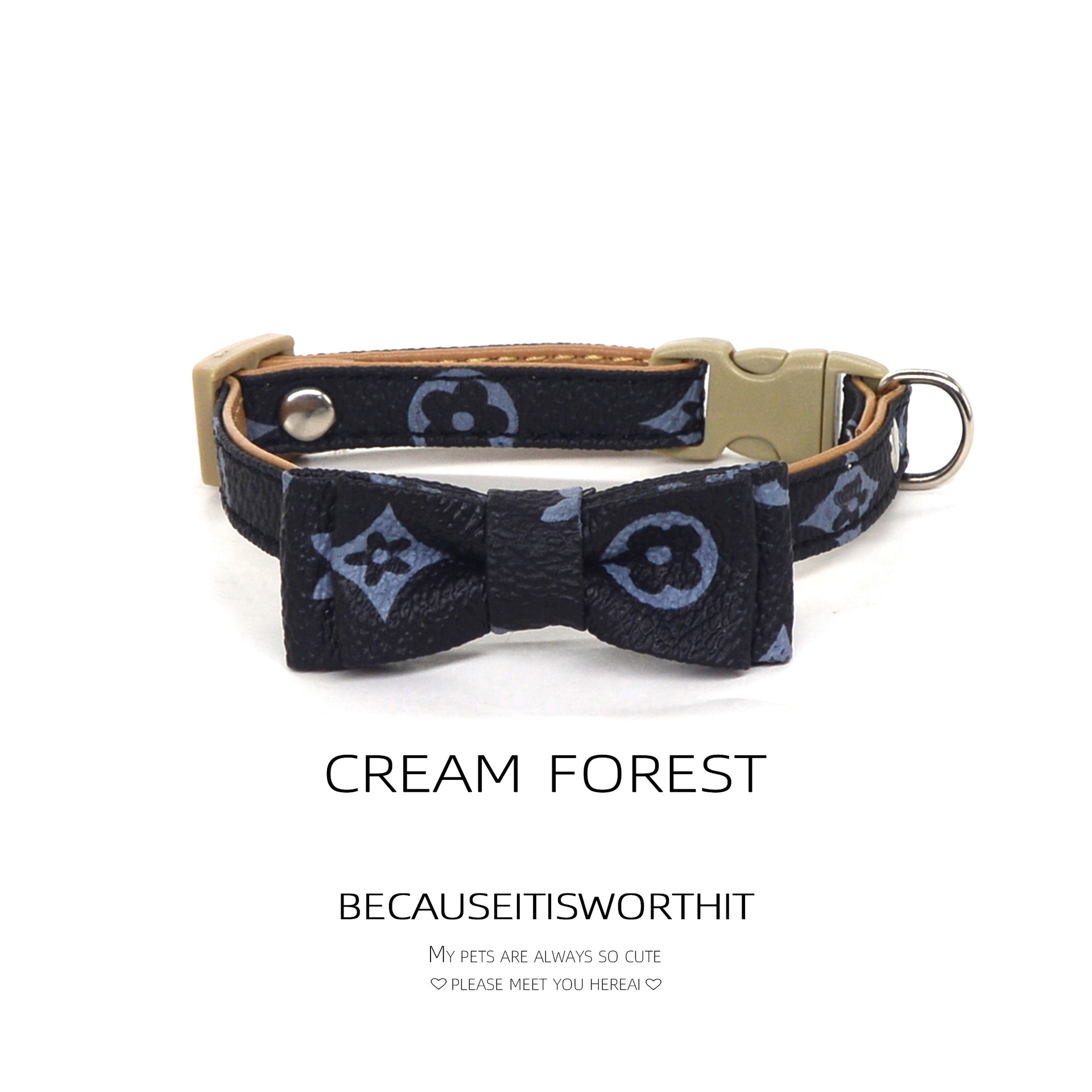 Dog Collars Leash Luxury Designer Style PU Leather Pet Necklace Buckle with Vintage Floral Bowtie Adjustable Collar for Kitten Puppy Nice Birthday Gif - view 6