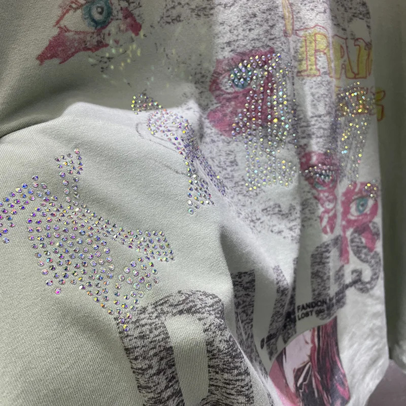 Vintage Sage Green Ringer Collar Paly Long Sleeve T Shirt Men Women Rhinestone Graphic Oversized Distressed T-Shirt Cotton 260728 - view 5