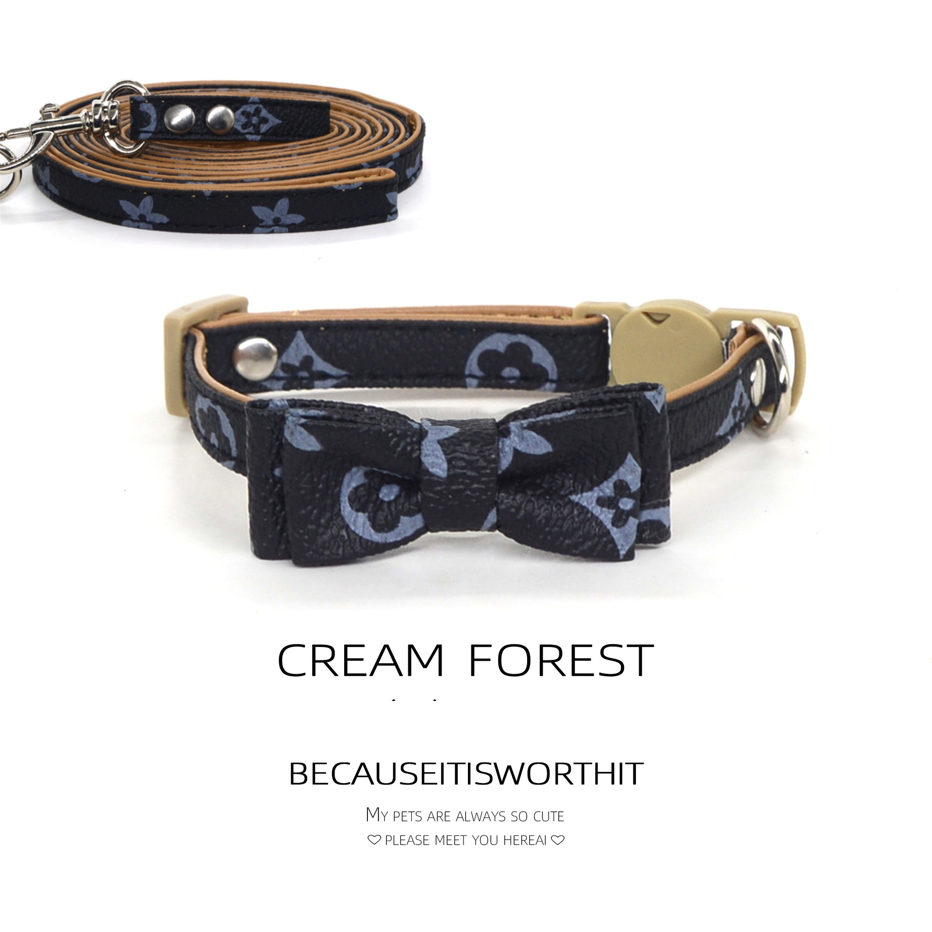 Dog Collars Leash Luxury Designer Style PU Leather Pet Necklace Buckle with Vintage Floral Bowtie Adjustable Collar for Kitten Puppy Nice Birthday Gif - view 4