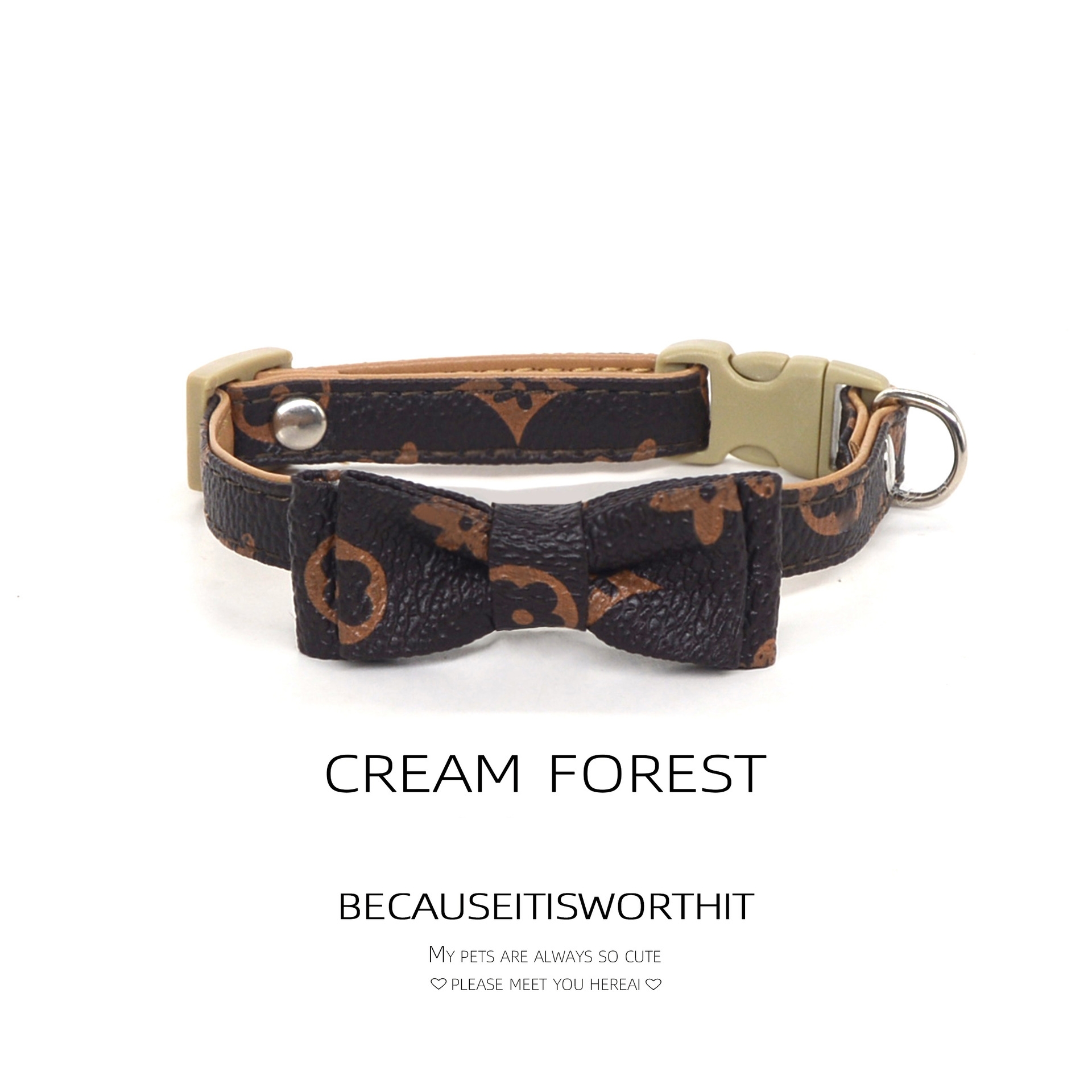 Dog Collars Leash Luxury Designer Style PU Leather Pet Necklace Buckle with Vintage Floral Bowtie Adjustable Collar for Kitten Puppy Nice Birthday Gif - view 9