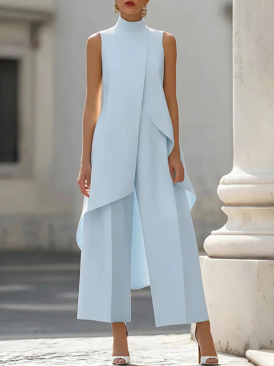 Womens Matching Sets 2026 Summer Fashion Sleeveslee Ensemble 2 Piece Woman Elegant Irregular n Straight Pants Simple Style 260728 - view 4