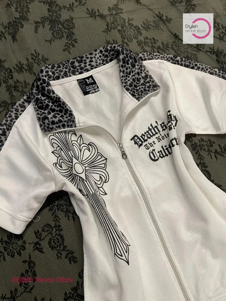 Japanese subculture y2k splicing leopard print cardigan coat short sleeve T-shirt womens summer vintage slim waist top 260728 - view 4