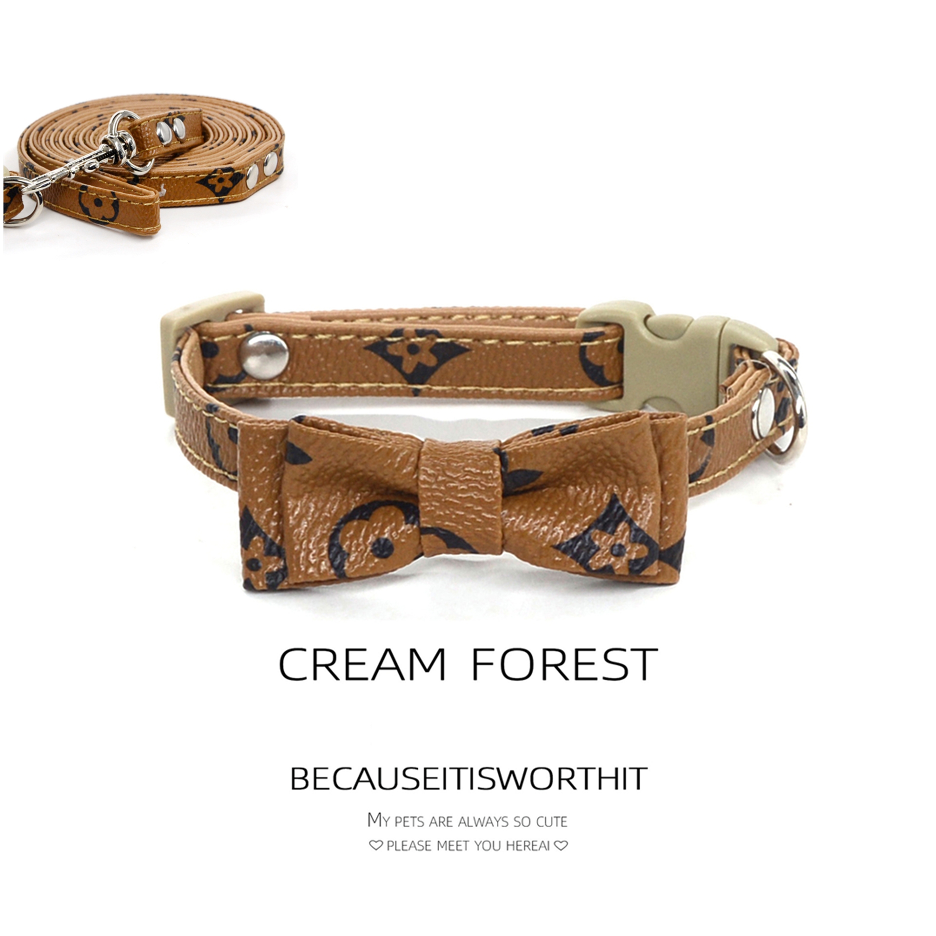 Dog Collars Leash Luxury Designer Style PU Leather Pet Necklace Buckle with Vintage Floral Bowtie Adjustable Collar for Kitten Puppy Nice Birthday Gif - view 5