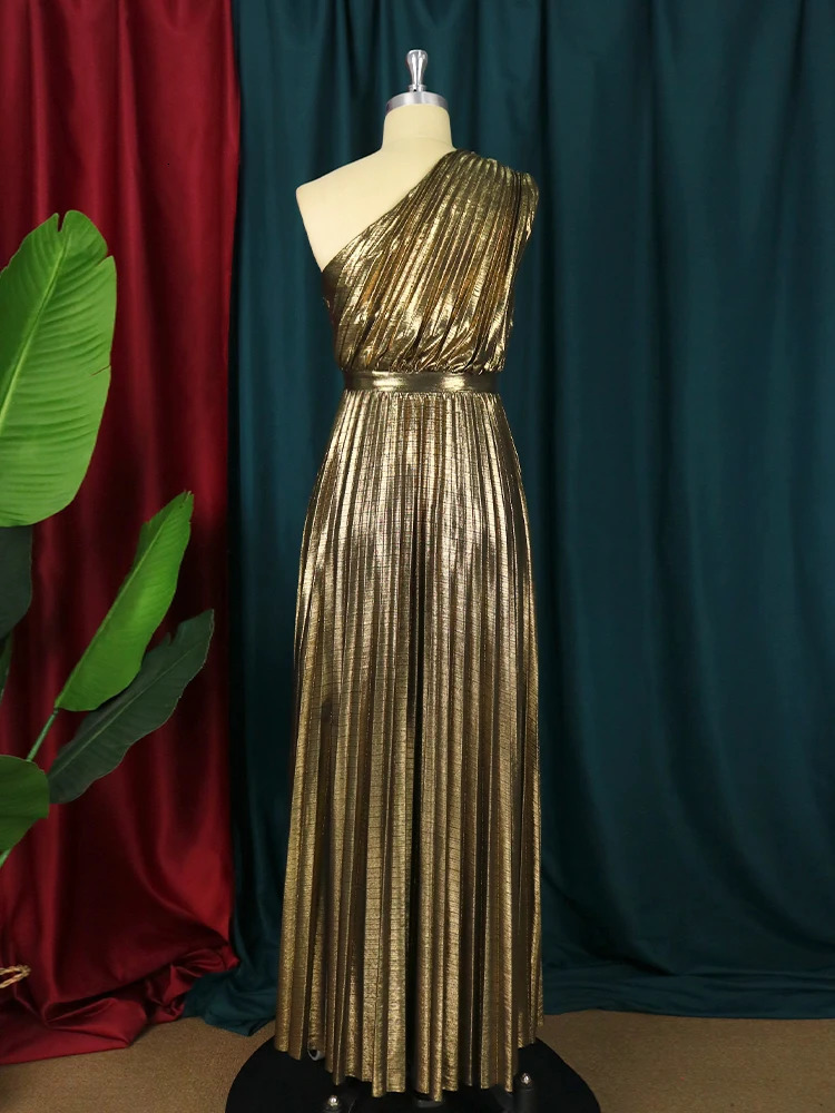 AOMEI Long Dress for Women Gold Gilding One Shoulder High Waist A Line Pleated Elegant Lady Evening Cocktail Wedding Guest Prom 260728 - view 5