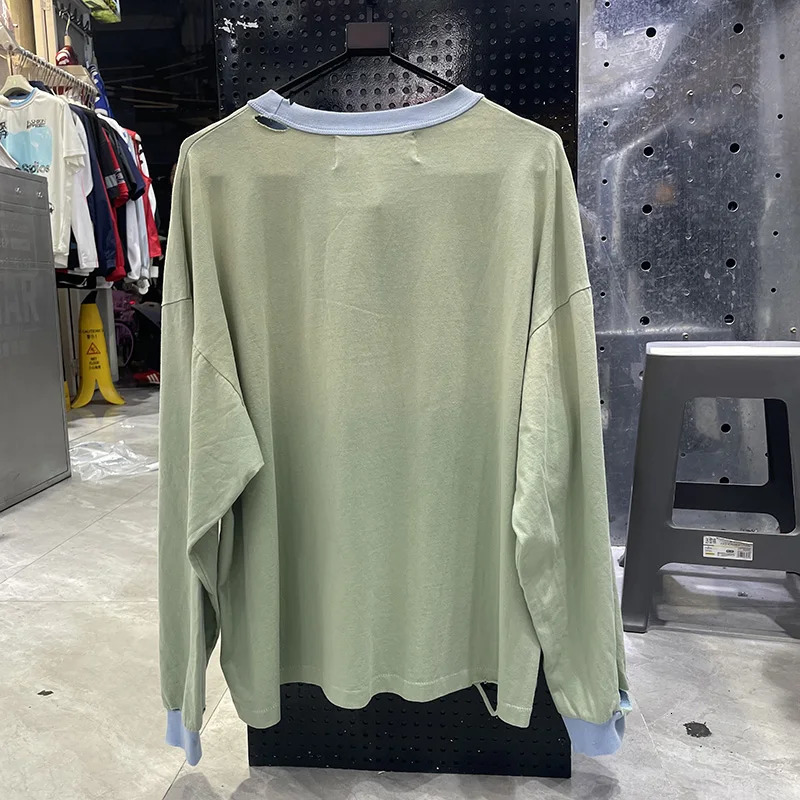 Vintage Sage Green Ringer Collar Paly Long Sleeve T Shirt Men Women Rhinestone Graphic Oversized Distressed T-Shirt Cotton 260728 - view 3