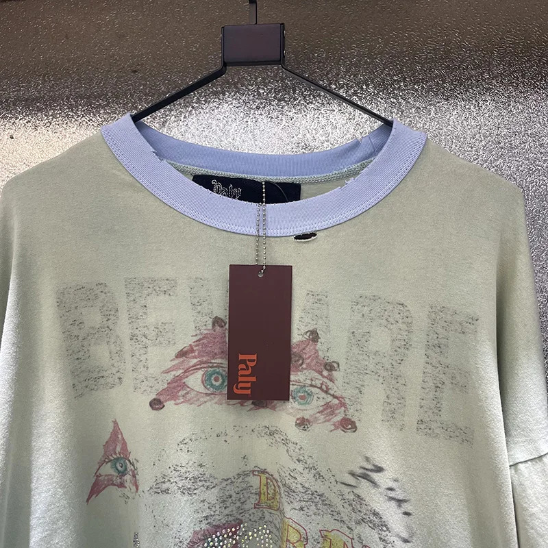 Vintage Sage Green Ringer Collar Paly Long Sleeve T Shirt Men Women Rhinestone Graphic Oversized Distressed T-Shirt Cotton 260728 - view 4