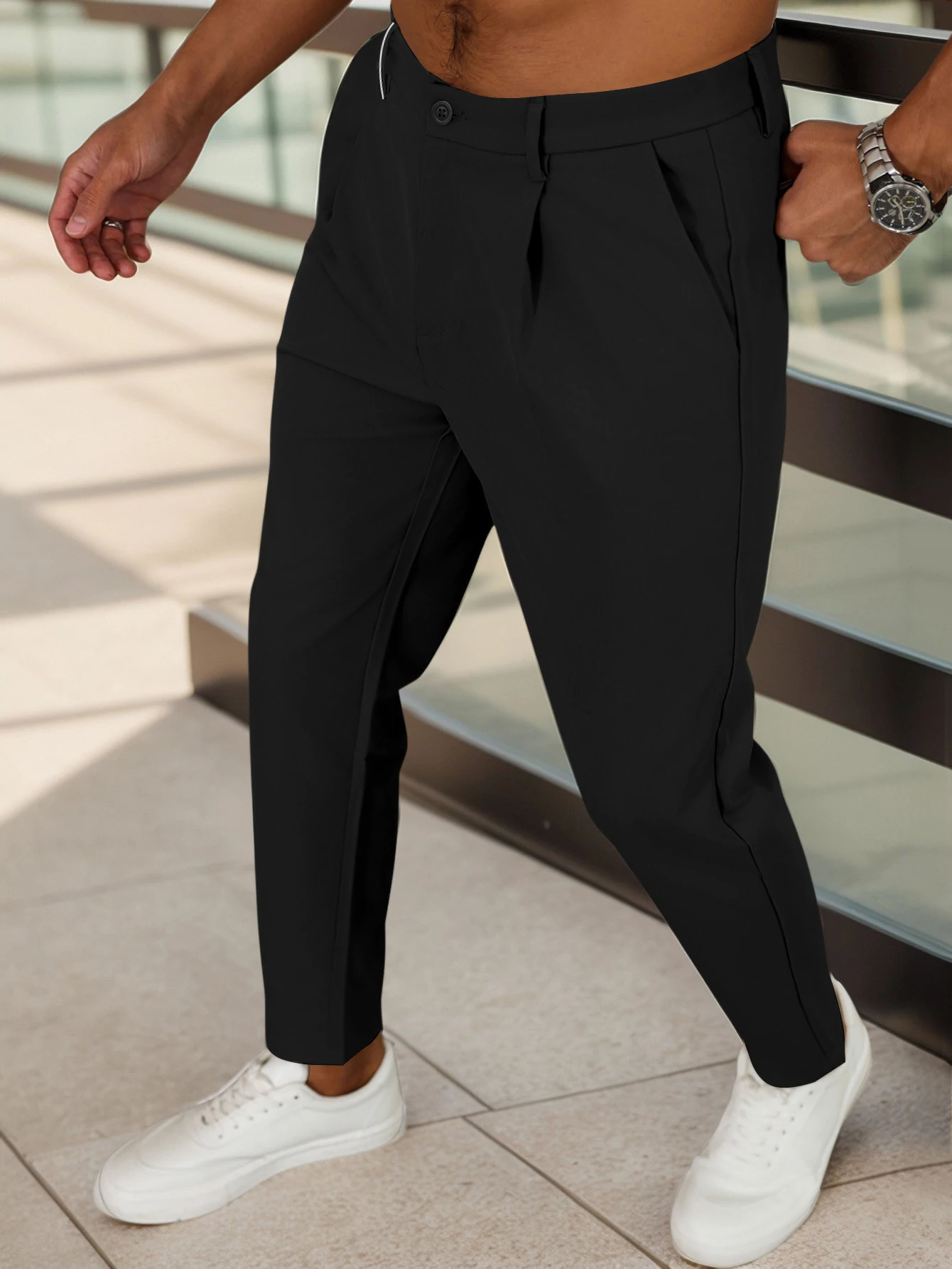 Mens Tapered Pleated Dress Pants Stretch Polyester Elastane Regular Fit Business Casual Black Beige Long Trousers 260726banjia - view 7