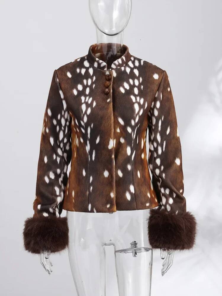 Vintage Women's Spotted Printed Jacket Stand Collar Full Sleeve Fur Cuff Button Slim Coat 2026 Autumn Winter Lady New Streetwear dongdumaoyi - view 4