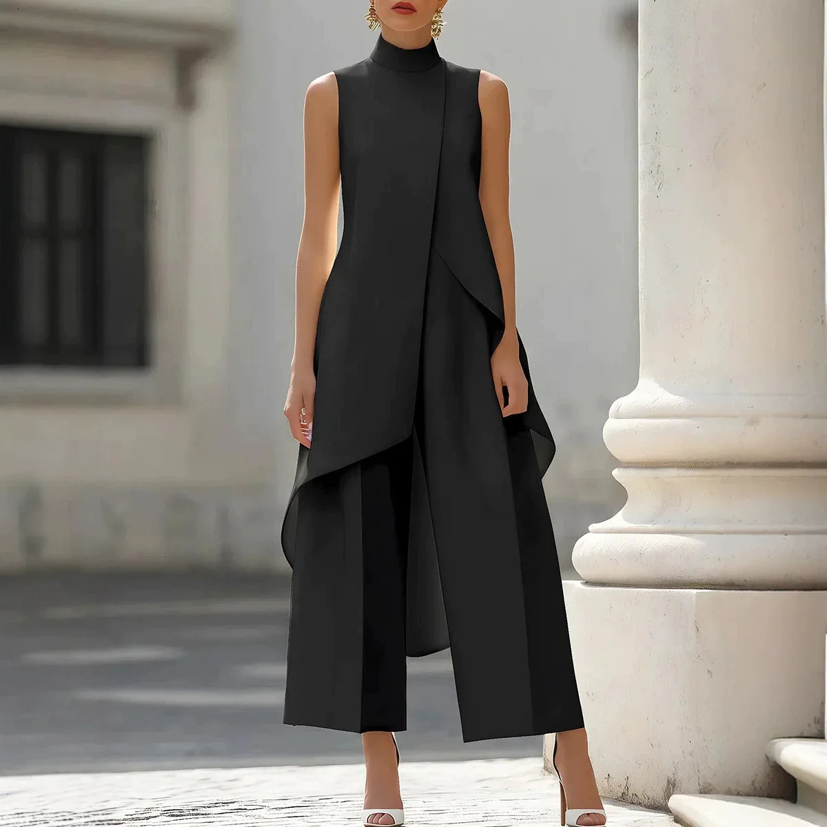 Womens Matching Sets 2026 Summer Fashion Sleeveslee Ensemble 2 Piece Woman Elegant Irregular n Straight Pants Simple Style 260728 - view 5