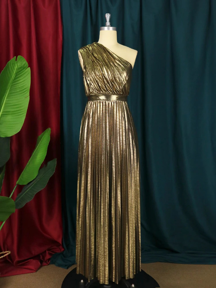 AOMEI Long Dress for Women Gold Gilding One Shoulder High Waist A Line Pleated Elegant Lady Evening Cocktail Wedding Guest Prom 260728 - view 4