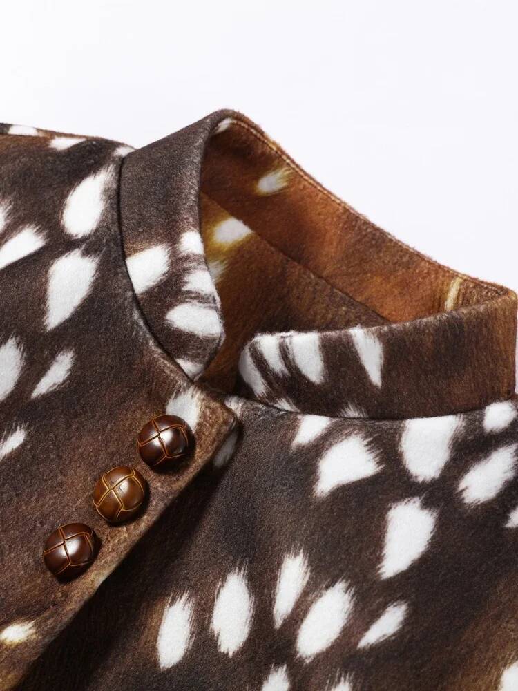 Vintage Women's Spotted Printed Jacket Stand Collar Full Sleeve Fur Cuff Button Slim Coat 2026 Autumn Winter Lady New Streetwear dongdumaoyi - view 6