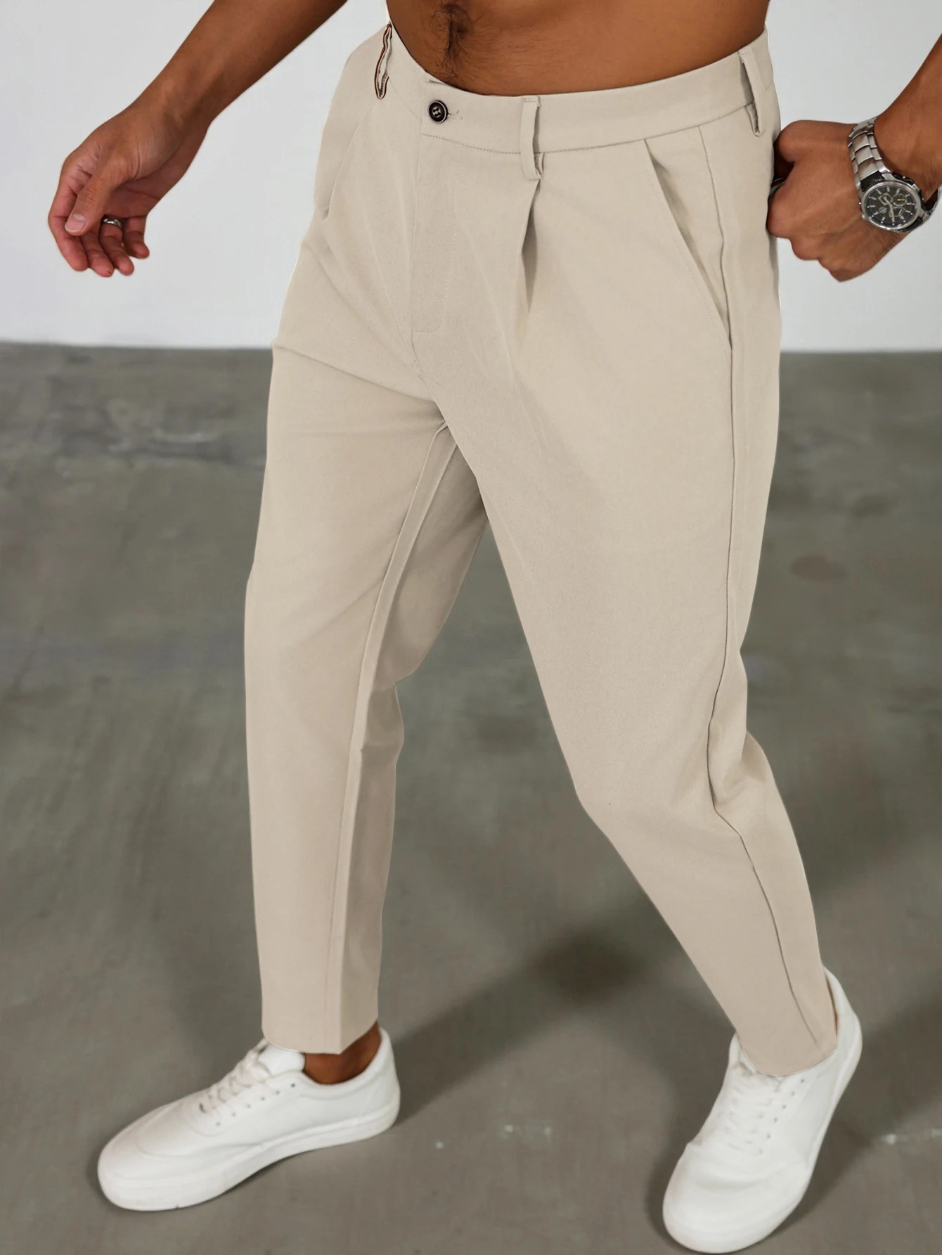 Mens Tapered Pleated Dress Pants Stretch Polyester Elastane Regular Fit Business Casual Black Beige Long Trousers 260726banjia - view 3