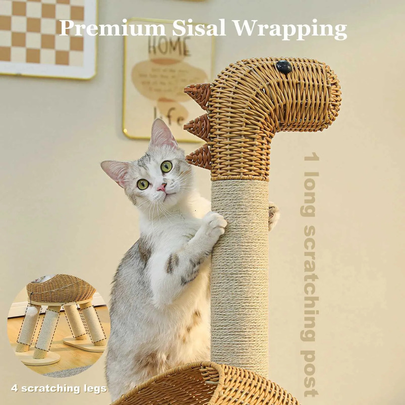Toy Dinosaur catnip plush Tree Tower Sisal Scratching Post Large Rattan Condo For Indoor Wicker Bed With Removable Mat Cat Toys T260520 Interactive sj - view 4