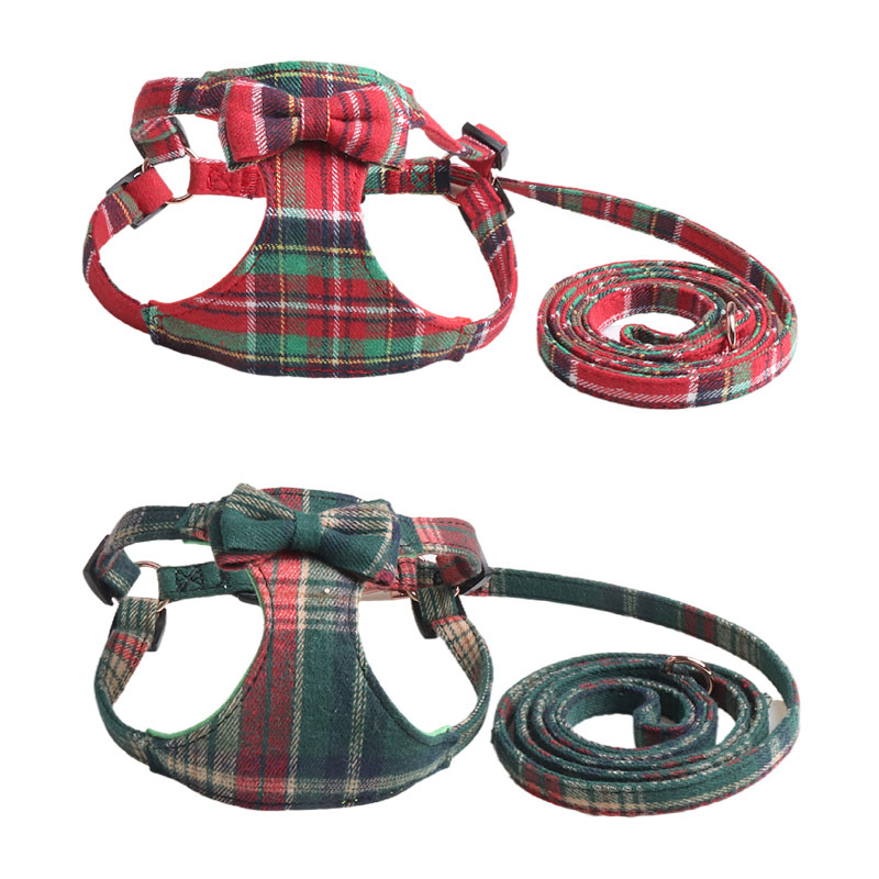 Classic Plaid Christmas Dog Harness Leash Set with Bowknot Comfort Adjustable Pet Vest Harness Ideal Holiday Gift for Small Dogs Daily Walking A25