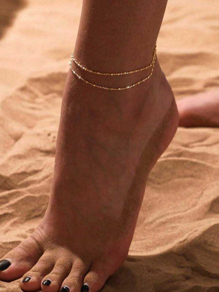Livesso 1Pc Minimalist Design Golden Chain Double Layer Anklet Versatile For Be…
