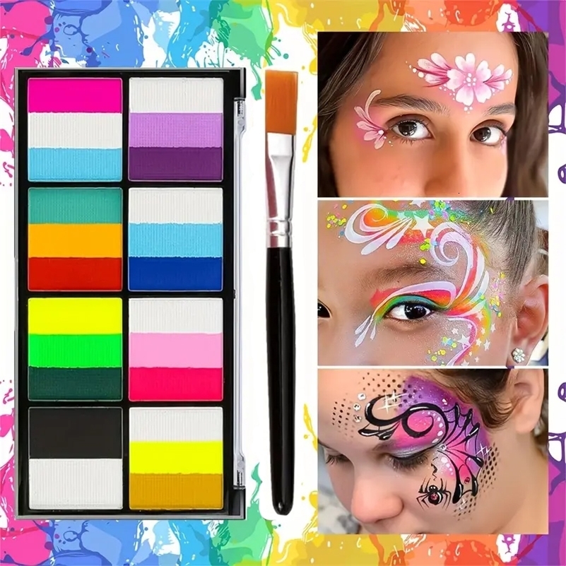 Palette Rainbow Stripe Paint Set with Brushes Water Based Dual-Tone Face and Body Paint Palette Christmas Halloween Cosplay a260702