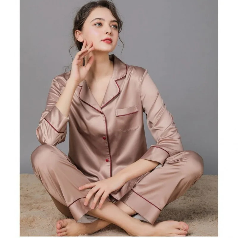 Women 2 Pieces Mulberry Silk Pajama Set Long Sleeve Top Pants Ice Silk Loungewear y Sleepwear Spring Autumn Casual Home C 260728 - view 6