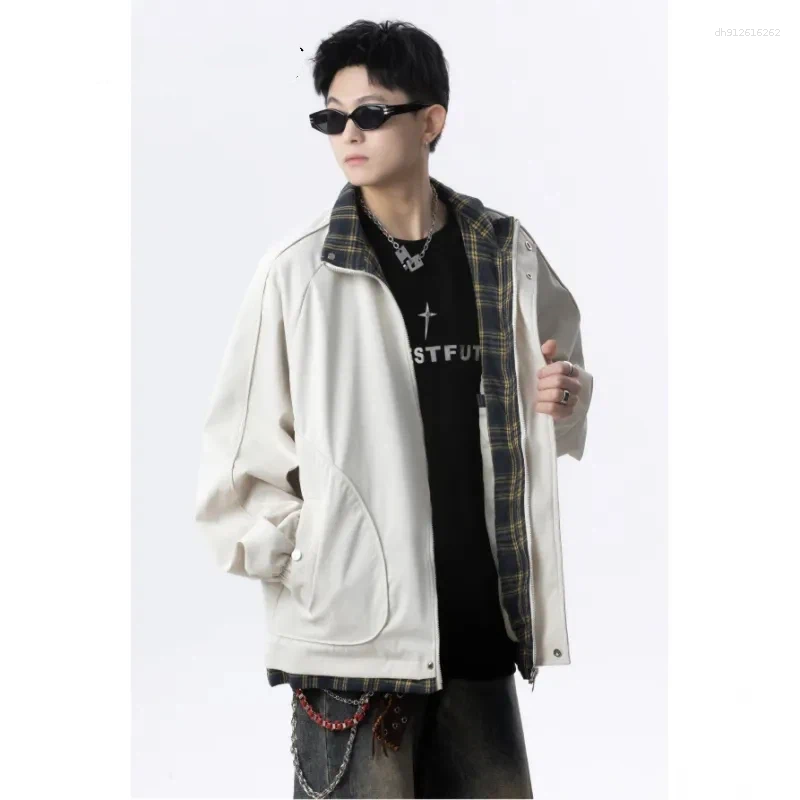 Men's Jackets American Retro Workwear Fake Two Piece Jacket Men Plaid Patchwork…