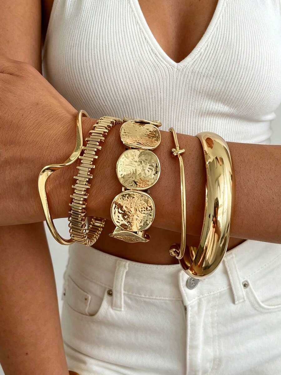 5pcs/3pcs Vintage Exaggerated Luxurious Geometric Design Wide Metal Bangle Bracelets Suitable For Womens Daily Wear And Gifts H260730 - view 3