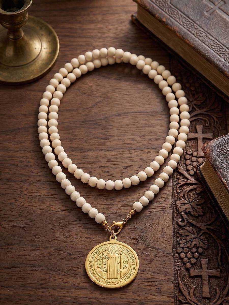 Ziruisp St Benedict Medal Necklace For Women Bohemian Style Wooden Bead Long Sw…