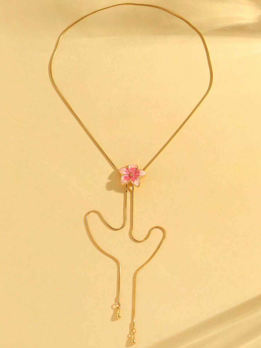 1pc Elegant Vintage Sweet Niche Minimalist Oil Drip Pink Flower Pendant Adjustable Womens Long Sweater Chain Necklace Fashion Suitable F H260730 - view 6