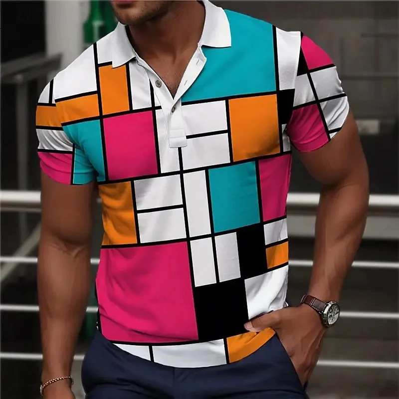 Color Block Patchwork Printed Polo Shirt For Men Summer Casual Short Sleeve Mens Polo T-Shirt Top Oversized Golf Sweatshirt 260729 - view 3