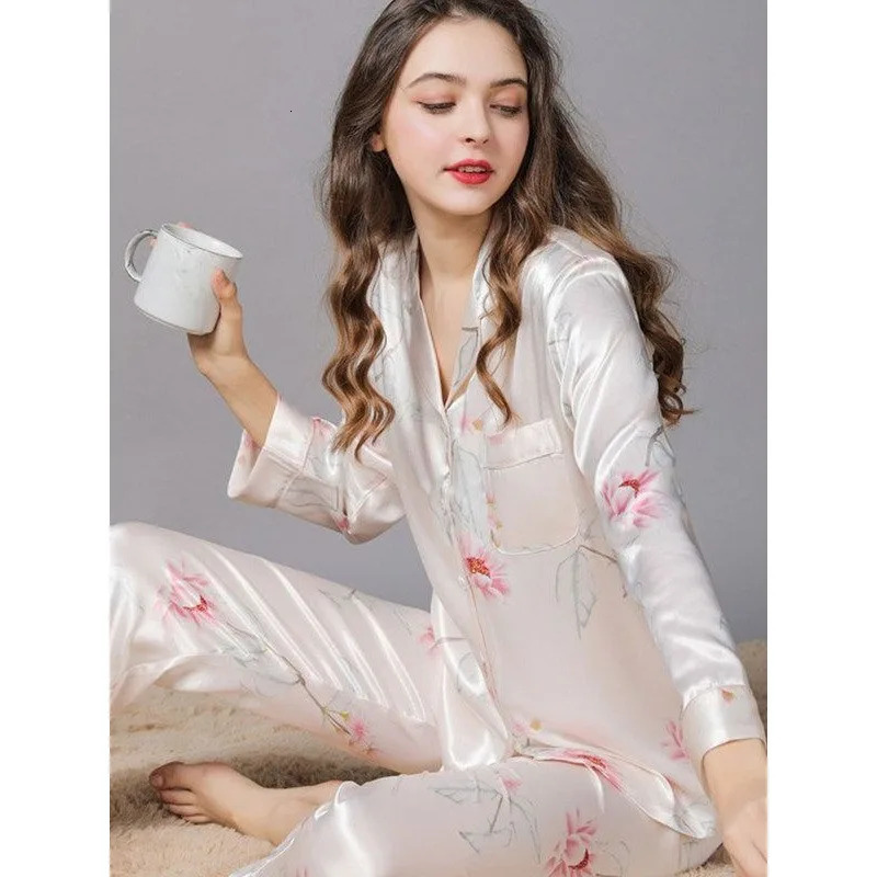 Women 2 Pieces Mulberry Silk Pajama Set Long Sleeve Top Pants Ice Silk Loungewear y Sleepwear Spring Autumn Casual Home C 260728 - view 3