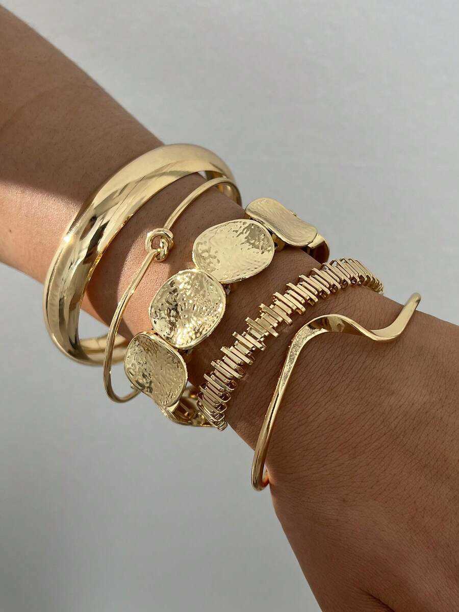 5pcs/3pcs Vintage Exaggerated Luxurious Geometric Design Wide Metal Bangle Bracelets Suitable For Womens Daily Wear And Gifts H260730 - view 5