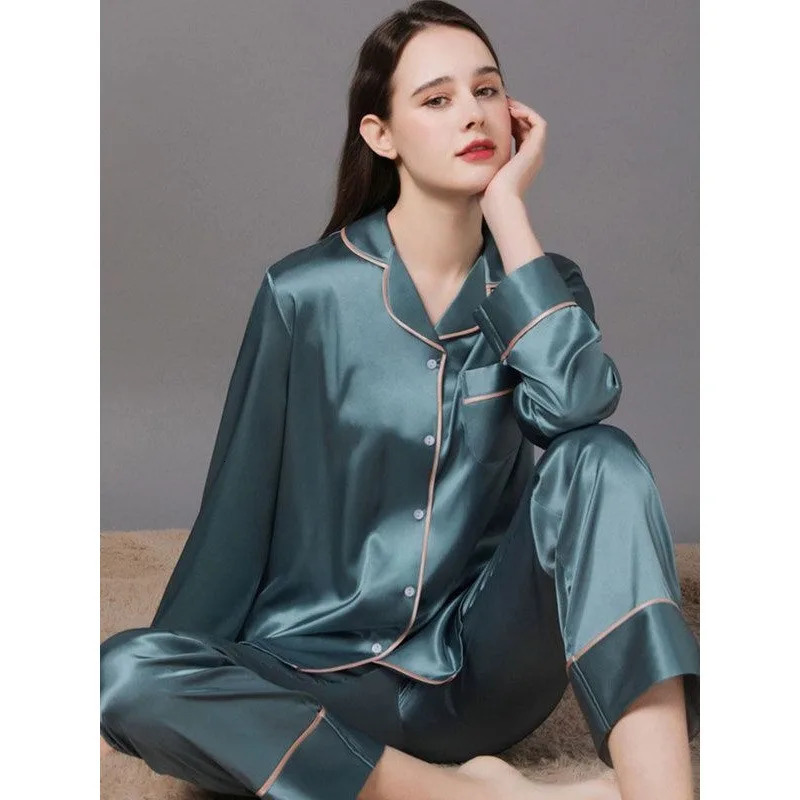 Women 2 Pieces Mulberry Silk Pajama Set Long Sleeve Top Pants Ice Silk Loungewear y Sleepwear Spring Autumn Casual Home C 260728 - view 5