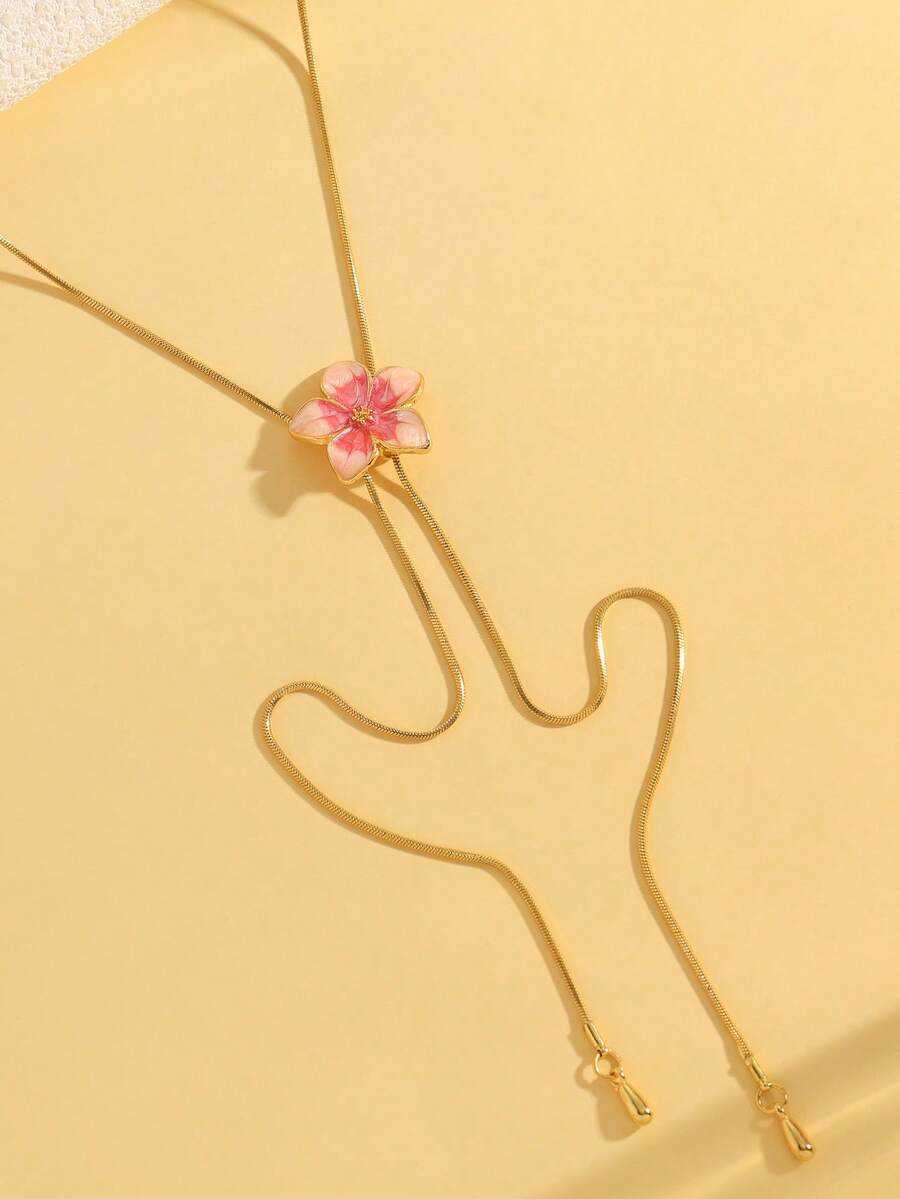 1pc Elegant Vintage Sweet Niche Minimalist Oil Drip Pink Flower Pendant Adjustable Womens Long Sweater Chain Necklace Fashion Suitable F H260730 - view 5