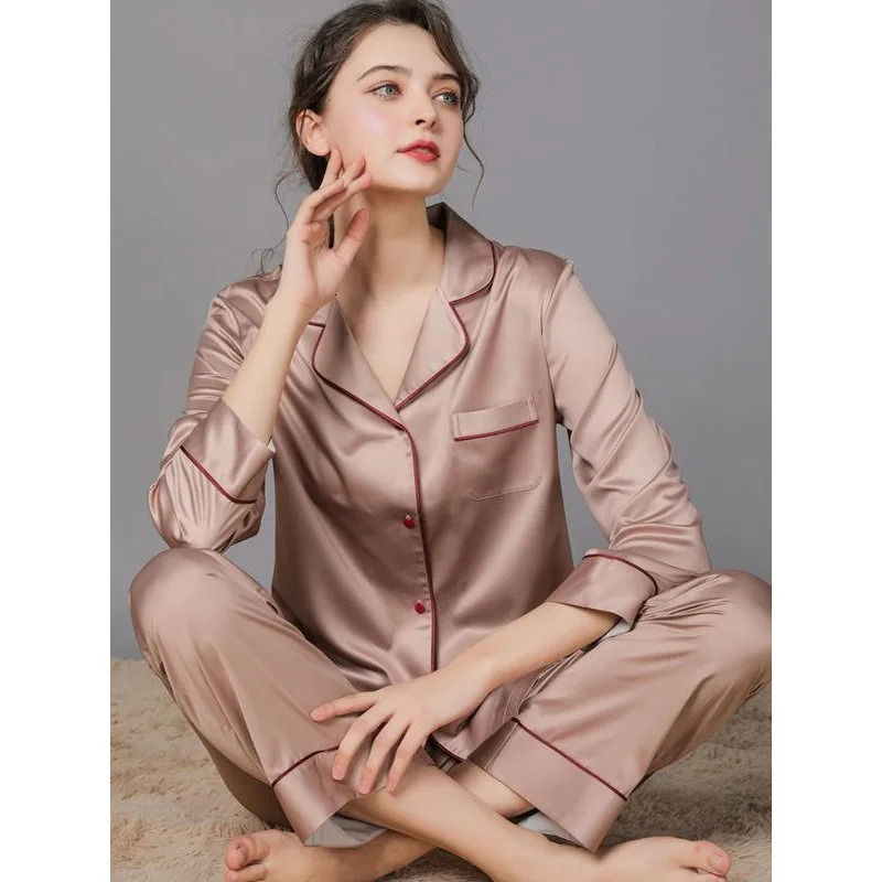 Women 2 Pieces Mulberry Silk Pajama Set Long Sleeve Top Pants Ice Silk Loungewear y Sleepwear Spring Autumn Casual Home C 260728